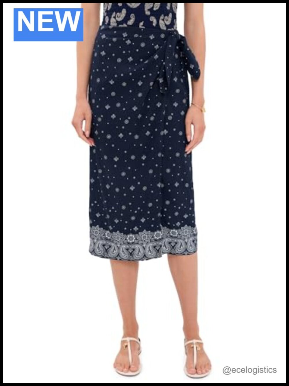 Wrap Midi Skirt in Linen Blend Bandana Print Adjustable Tie Waist